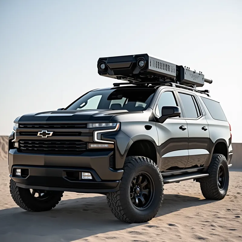 Armored 2025 Chevy Suburban with Turret - 2025 chevy suburban with tinted windows and armor with a mounted turret on top
 - AI image generated with Photorealistic 2