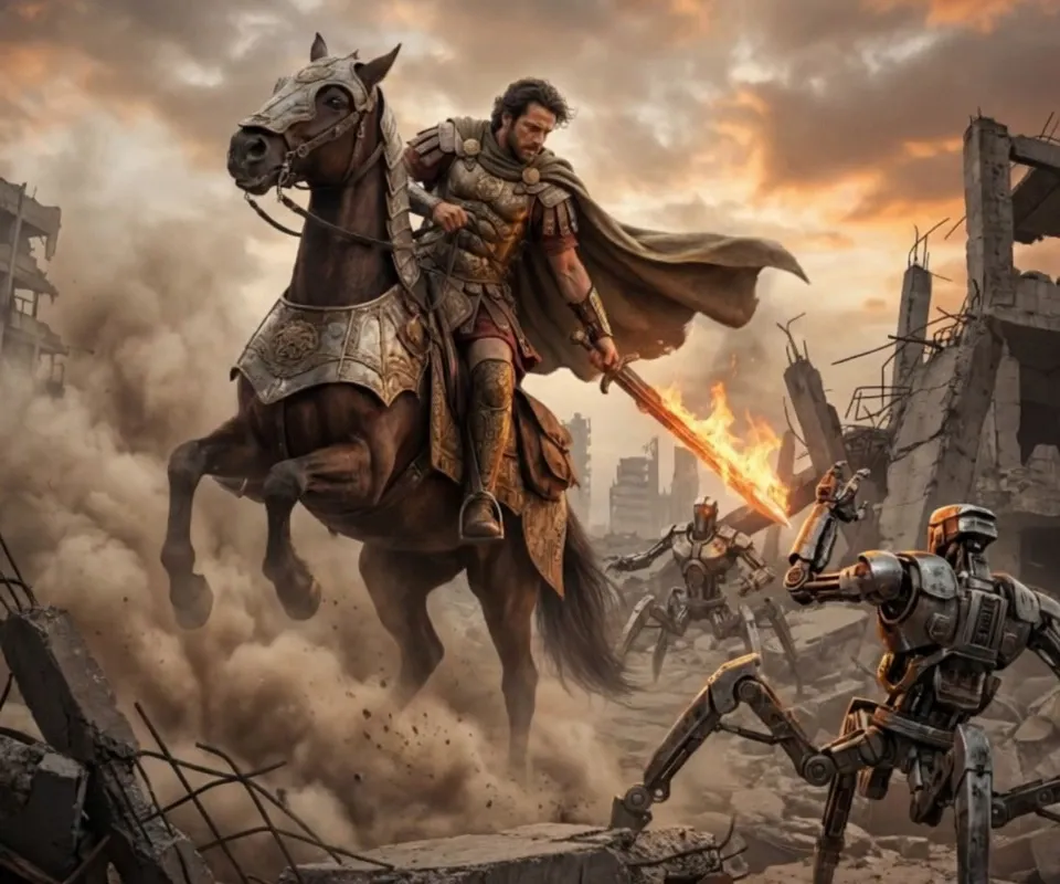 Armored Jesus on Warhorse Slays Mechs - Jesus arrives out of the sky on a warhorse to the ruins of the city in full armor with a fiery sword slaying the mechanoids - AI video generated with Kling 2.1 Standard
