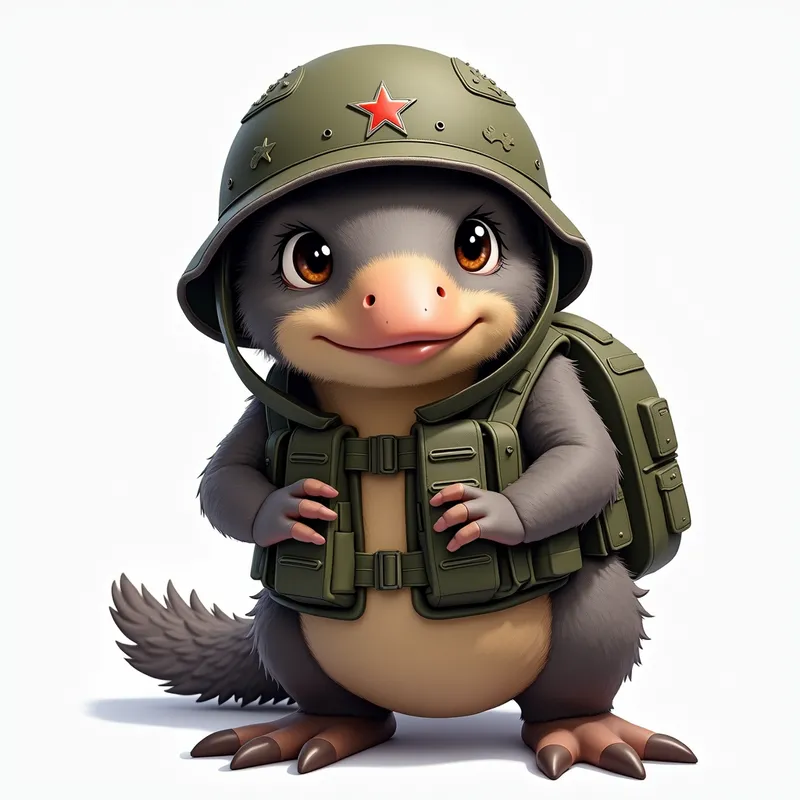 Armored Platypus Ready - A detailed and realistic platypus wearing an army helmet with a white background. - AI image generated with Photorealistic 2