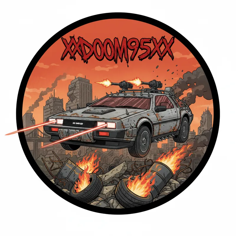 Armored Thunder DeLorean Badge - A circular sticker-ready vector featuring a Mad Max-inspired DMC DeLorean, fully armored with firing guns and glowing red headlights, soaring over flaming urban debris. The apocalypse-seared cityscape forms the intense background, with 'XXDOOM95XX' at the top in graffiti-like letters. - AI image generated with Nano Banana