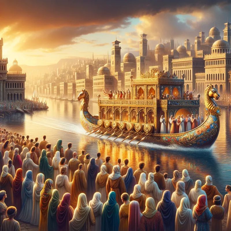 Arrival of the Queen of the Nile - As Cleopatra's golden barge approaches the city of Alexandria, the scene is filled with grandeur. The barge glows in the sunlight, with golden sculptures and luxurious fabrics, while the ancient city appears radiant in the background. People line the docks, eager to see the queen. - AI image generated with Art