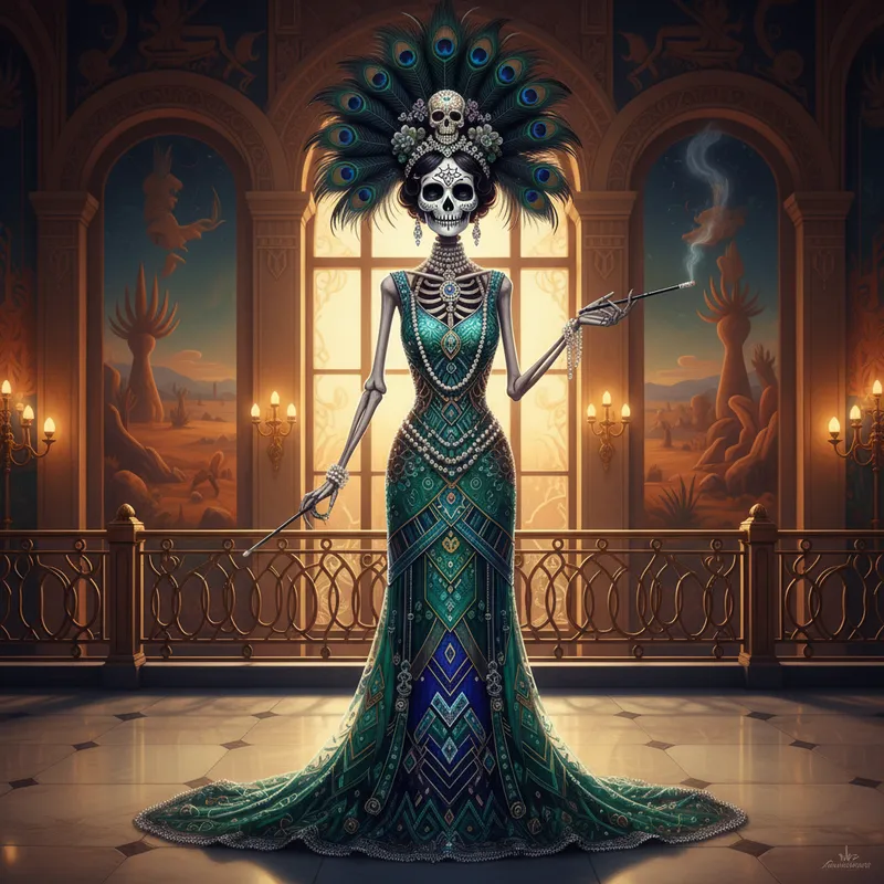 Art Deco Catrina Elegance - Stylized Catrina skeleton dressed in art deco-inspired attire, with geometric beaded gown, pearl accessories, a feathered headpiece, and sophisticated calavera makeup, exuding the charm of 1920s Mexican high society. - AI image generated with Nano Banana - vivid colors, photorealistic, colorful