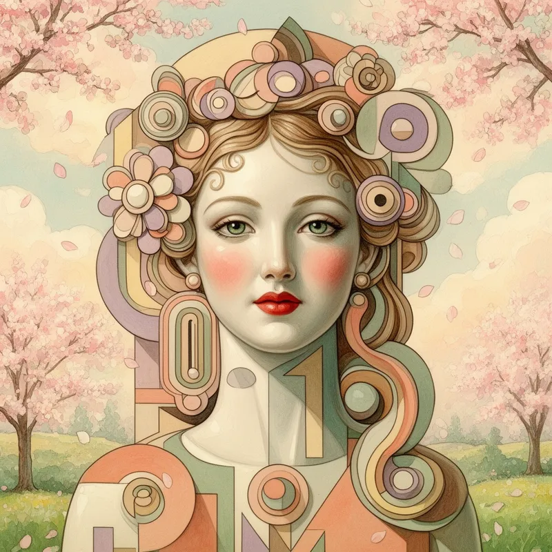 Art Nouveau Petal Reverie - A surrealist folk art image of an elegant woman portrayed with a semi-realistic porcelain face, rosy cheeks, red lips, and green eyes. Her hair cascades in ornamental waves, intertwined with geometric flower petals and circular motifs. The composition is rich with bold geometric shapes, layered curves, and abstract forms, using a harmonious pastel palette of blush pink, sage green, butter yellow, lilac, soft coral, and cream. The background presents a stylized spring landscape with cherry blossom trees, drifting petals, and a luminous pastel sky. Painterly watercolor and oil textures enhance the handcrafted vintage illustration aesthetic, with Art Nouveau and Cubist fusion, highly detailed, 6500x6500 pixels, 300 DPI. - AI image generated with Flux 2