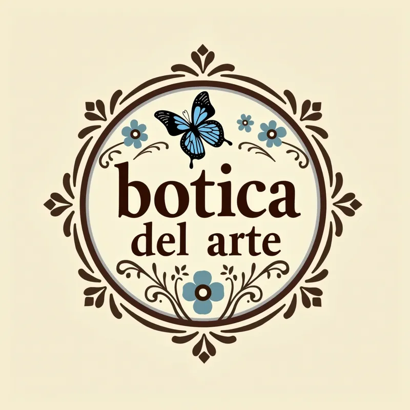 Artisan's Earth Tones Botica - logo that says "botica del arte" in earth tones, browns, nude, and touches of sky blue with some butterflies and arabesques. Elegant - AI image generated with Text