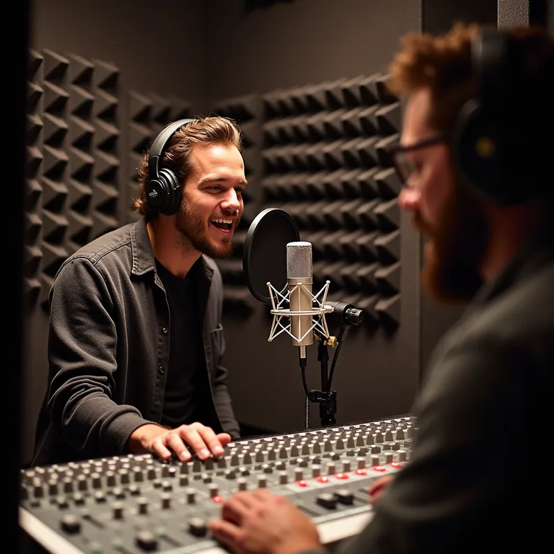 Artist Recording Vocals - A musician inside a professional vocal booth surrounded by foam panels, singing into a high-quality microphone with pop filter. The scene is captured from behind the mixing desk, highlighting both the artist and the recording engineer. - AI image generated with Krea