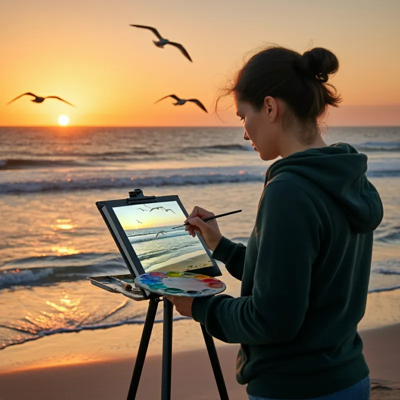 Artist Sketches Sunset on Beach - A female artist on a beach drawing the picturesque sunset over the ocean. The scene includes waves gently crashing on the shore, seagulls flying overhead, and the artist's drawing pad showcasing a beautiful blend of colors. - AI image generated with Imagen 3