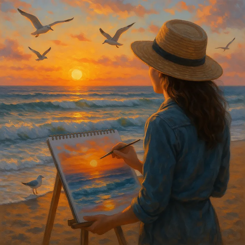 Artist Sketches Sunset on Beach - A female artist on a beach drawing the picturesque sunset over the ocean. The scene includes waves gently crashing on the shore, seagulls flying overhead, and the artist's drawing pad showcasing a beautiful blend of colors. - AI image generated with GPT Image