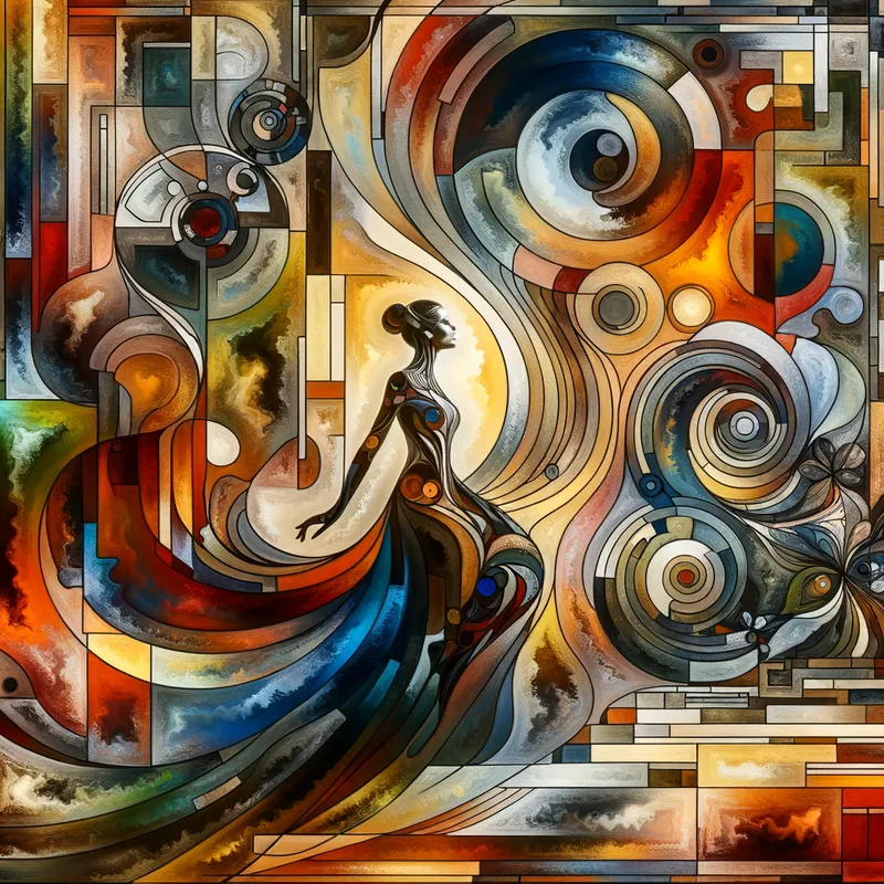 Artistic Expression - A shapely woman posing gracefully, surrounded by abstract, colorful shapes and patterns in a modern art style setting. - AI image generated with Art