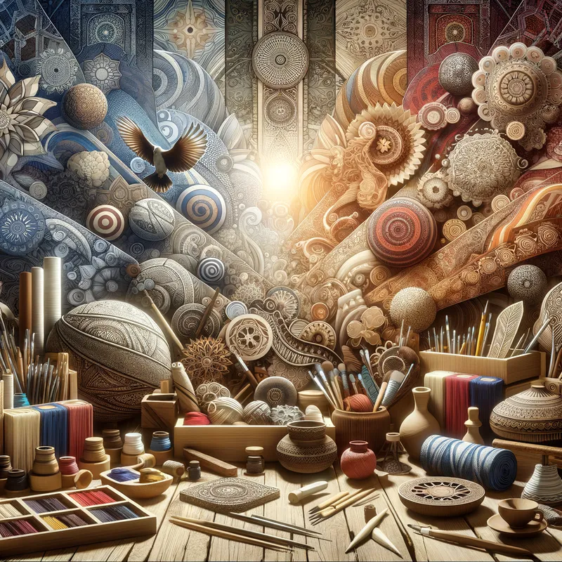 Artistic Handcraft - An image showcasing a variety of handcrafts, including intricate patterns, colorful textiles, handmade pottery, and detailed wood carvings. The scene is set in a cozy workshop filled with artisanal tools, vibrant materials, and natural light streaming through the windows, highlighting the craftsmanship and creativity of handmade art. - AI image generated with Art