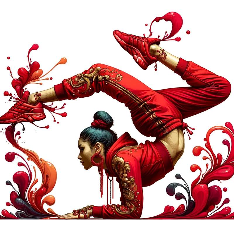 Art of Contortion - An artistic digital representation of a beautiful Hispanic contortionist executing a pose with her legs held forward by her hands. She wears a red unisex unitard with gold embellishments and red ballet pointe shoes, creating a striking and graceful image. - AI image generated with Art - alcohol ink, cartoony, colorful