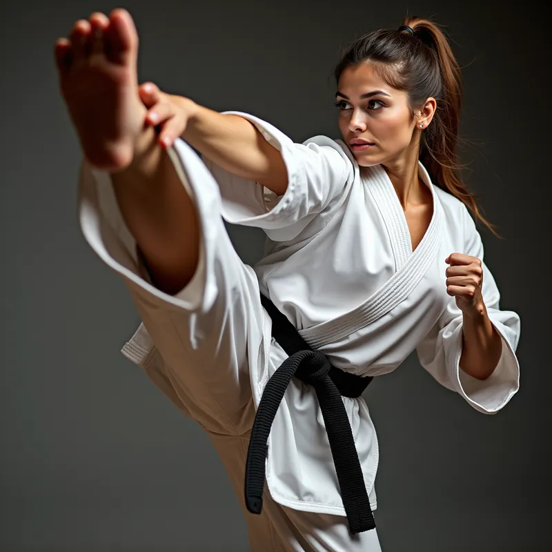 Arts Martiaux en Action - A martial artist woman in traditional fighting uniform delivering a precise side kick straight at the observer, capturing the intensity and athleticism of the moment. - AI image generated with Photorealistic 2
