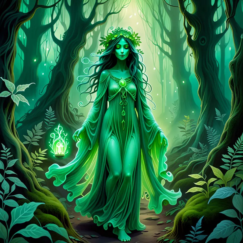 Artsy Woodland Ghost - An artistic depiction of a beautiful green spirit ghost girl wandering through an enchanted forest, embodying the energy of a muse and goddess. The scene is filled with whimsical details, glowing plants, mystical fog, and a poetic, fantasy-inspired visual style. - AI image generated with Fictional