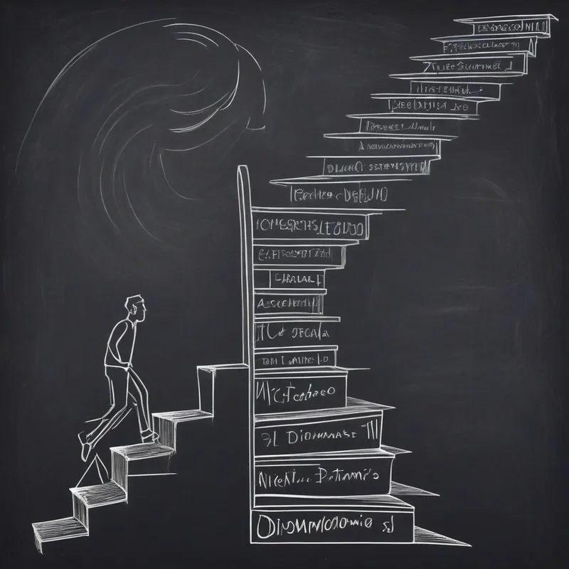 Ascend to Success: Minimalist Academic - A monochrome, landscape-oriented image of a staircase made of diplomas and chalkboards ascending toward a bright horizon, with an adult silhouette climbing steadily, representing progress in academia and teaching careers. - AI image generated with Photorealistic - minimalist line art, colorful