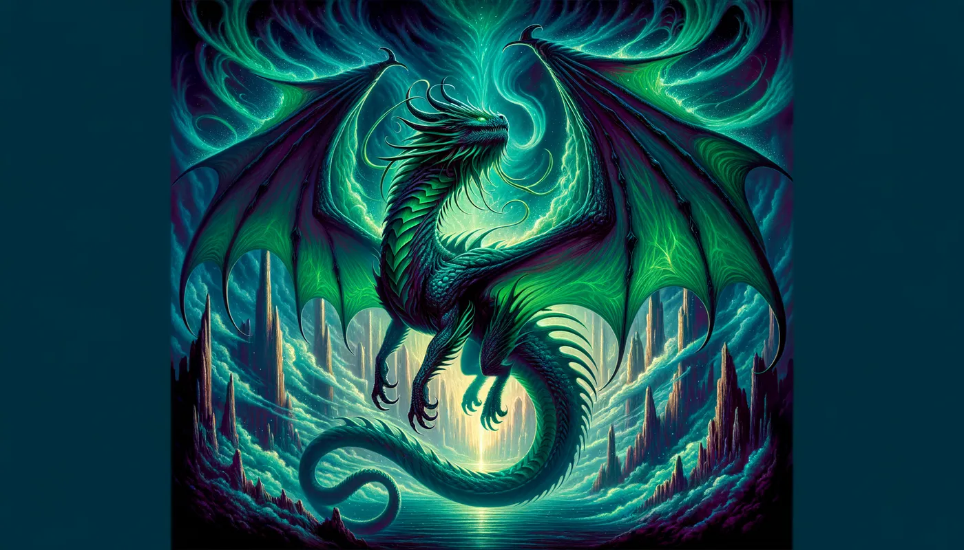 Ascent of the Emerald Wyrm - A powerful, green-scaled dragon ascending through a twilight-hued realm, its wings unfurled and trailing teal wisps of mystical energy. - AI image generated with Art - fantasy art, vivid colors, gothic