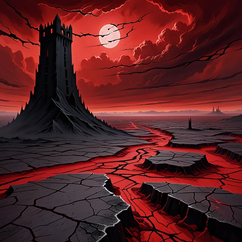 Ashen Desolation - A vast, cracked expanse of black earth stretches endlessly under a blood red sky. White ash blankets the ground like snow, creating a ghostly contrast. In the far distance, barely visible, a menacing black stone tower rises, its form warped and ominous against the relentless red heavens. The landscape is barren and silent, evoking a sense of hopelessness and dread. - AI image generated with Fictional - fantasy art