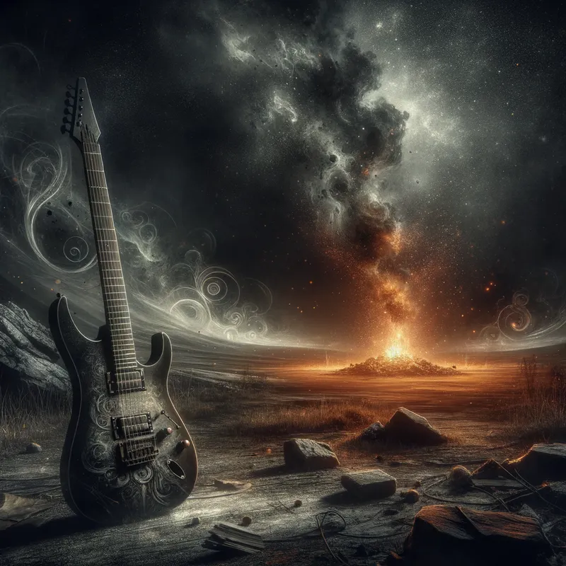 Ashen Guitar Amidst Flames - electric guitar, barren landscape, dark background, ash, smoke, fire - AI image generated with Art