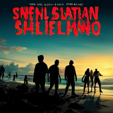 Ashore Masked Vigil - A slasher film poster featuring shadowy, masked men standing ashore at dusk, menacingly watching a group of carefree spring breakers on the beach.