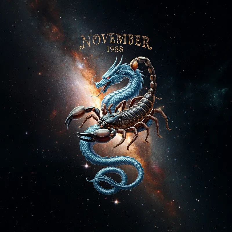 Astral Entwinement - A cosmic scene featuring a scorpion that embodies November entwined with a dragon denoting the year 1988, set within the shimmering patterns of a constellation in deep space. - AI image generated with Imagen 3