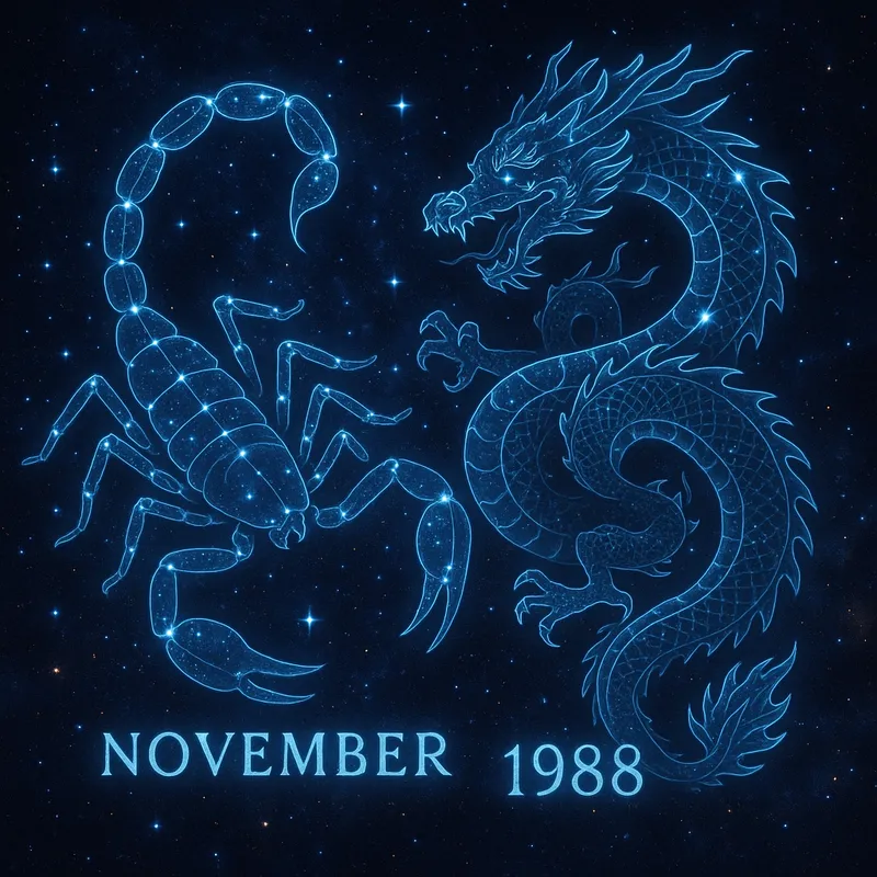 Astral Entwinement - A cosmic scene featuring a scorpion that embodies November entwined with a dragon denoting the year 1988, set within the shimmering patterns of a constellation in deep space. - AI image generated with GPT Image