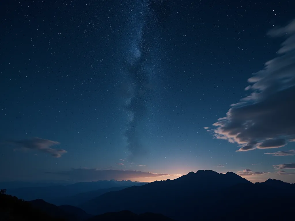 Astral Harmony - A beautiful night sky where countless stars adorn the dark canvas, with delicate wisps of clouds and the silhouette of a mountain range below. - AI image generated with Photorealistic 2