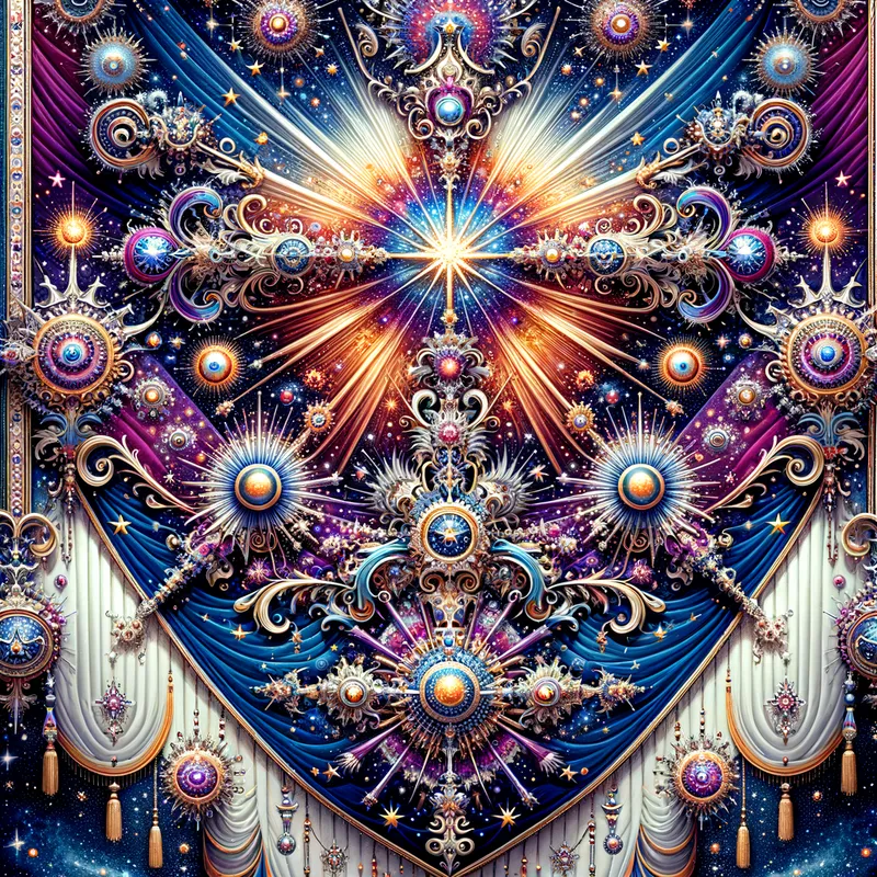 Astral Standard - A regal standard featuring a blend of royal colors and intricate designs inspired by galaxies, with starbursts and cosmic phenomena creating a majestic visual. - AI image generated with Art