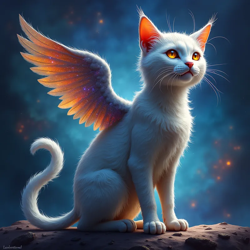 Astral Winged Cat - A stunningly detailed celestial cat with expressive features and two-toned wings, set against a backdrop of swirling galaxies. - AI image generated with Photorealistic 2