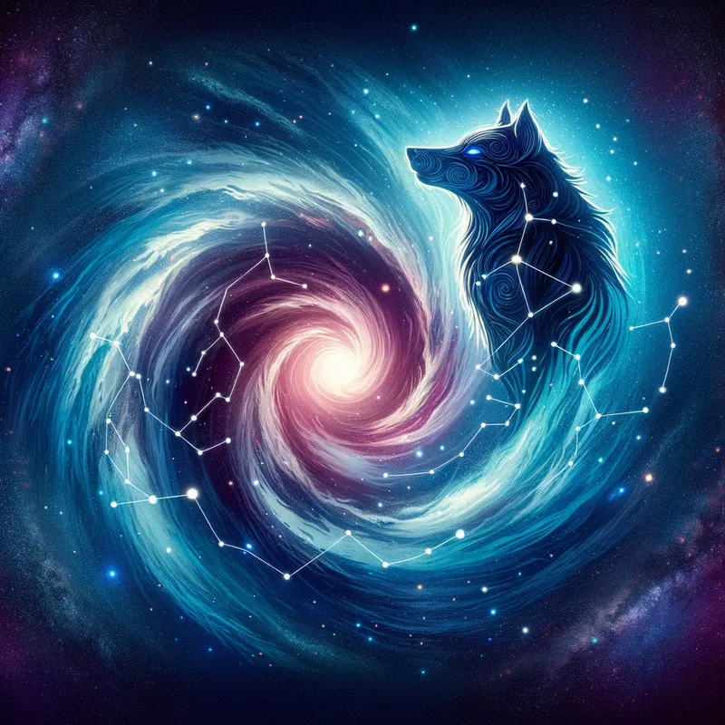 Astral Wolf - A stunning illustration of the Milky Way galaxy swirling in rich blue and purple colors, highlighted by a brilliant outline of a wolf constellation, evoking a sense of wonder in the night sky. - AI image generated with Art