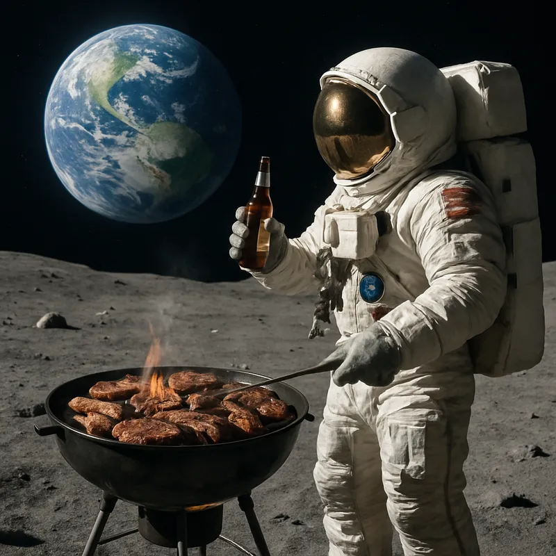 Astronauta en la Luna asando y bebiendo - quiero una imagen de un astronauta en la luna cocinando una parrillada y bebiéndose una cerveza mientras mira la tierra  - AI image generated with GPT Image