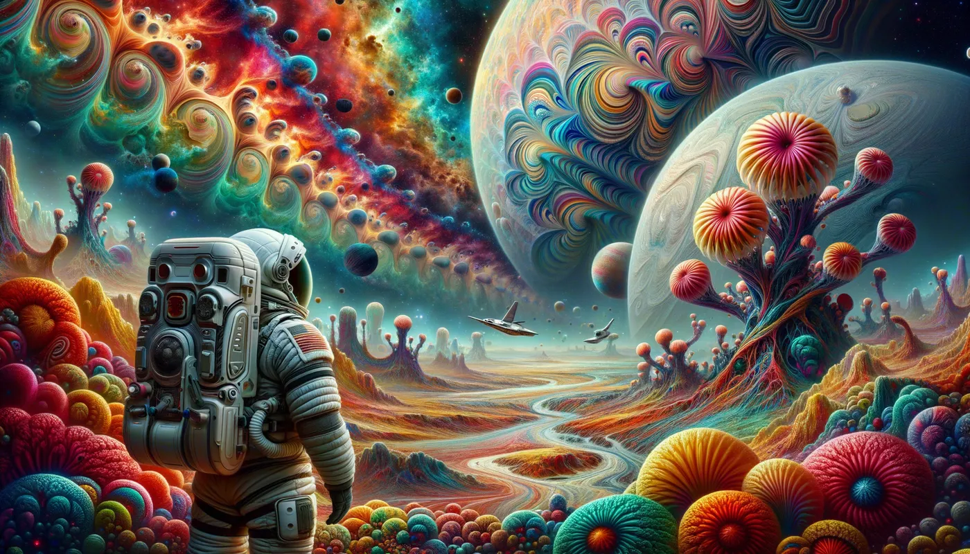 Astronaut's Colorful Planetary Arrival - Create an image of an astronaut arriving at an unknown planet with many colors and beautiful landscapes - AI image generated with Art