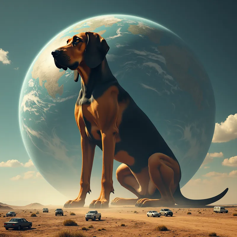 Astronomical Bloodhound - A colossal bloodhound, black and brown in color, sitting mightily on the Earth. At 100 million feet tall, as she begins to move, dust flies all around. The ground is marked by her enormous stature. Tiny cars dot the landscape around her enormous rear. The perspective is from outer space, showcasing the bloodhound's size relative to the entire planet. - AI image generated with Photorealistic 2