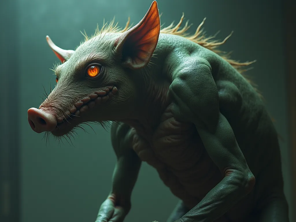 Aswang in Transformation - An eerie depiction of an Aswang in mid-transformation, with parts of its body shifting between human, bird, and pig forms. Its skin fluctuates in texture and color, blending into the shadows with glowing, piercing eyes. - AI image generated with Photorealistic 2