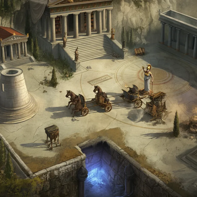 Athena Forum - Hidden Dungeon - An overhead view revealing a hidden dungeon entrance under a library in the Athena Forum. Show the bustling marble plaza with columned temples, ancient carts, and philosopher chariots navigating the roundabout guarded by armored Athena. Include earthly golds and purples with aged map labels. - AI image generated with Imagen 3