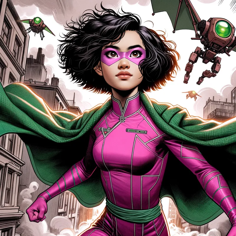 Athletic Beauty in Action - An illustration of Athletic Beauty, a 16-year-old Vietnamese American superhero named Noreen Nguyen aka Bellwether. She has short curly black hair, wearing a magenta bodysuit and a green shrug jacket. The scene is set in a city where she is defending against alien drones. The art style is reminiscent of Alex Ross's realistic and dynamic artwork. - AI image generated with Art