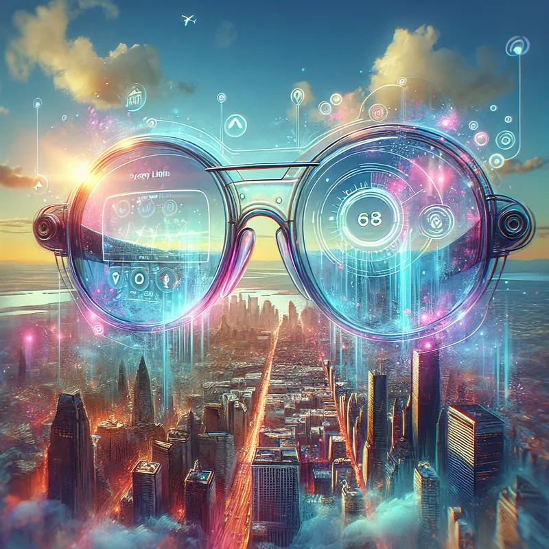 Augmented Reality glasses in the center - Augmented Reality glasses in the center of a busy city road, showing GPS navigation with a speed limit icon on the top left lens and a list of 5-star restaurants on the top right lens. The digital overlay is non-obtrusive leaving clear view through the lenses. The glasses look futuristic. The city is shown in daylight. the image is joyful and sparrks imagination. - AI image generated with DALL-E 3 - vivid colors, Luis Royo, aerial view