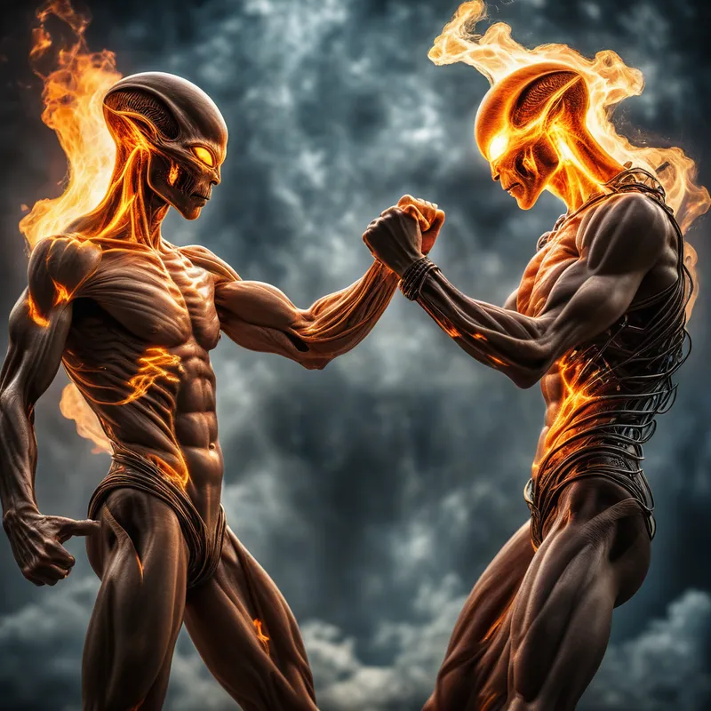 Aural Duel: Fire-Metal vs Cosmic Light - two human/alien looking powerful beings facing off, one strong with the power of fire mixed with metal and the other being powered with a mix of light and cosmic ability's both letting off aura that's surrounds their lining of there body's and flowing energy coming off there body as they get into hand to hand fist fight showing off their power - AI image generated with Photorealistic - dynamic pose, highlights: Nikon D700, Nikkor 50mm 1.8, kiri-e art