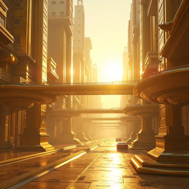 Auric Neo-Metropolis at Dusk - Ultra-detailed futuristic cityscape forged in shimmering gold; towering spires with geometric facades, layered skybridges, floating platforms, sleek hover traffic; cinematic low-angle street-level perspective looking toward a radiant sunset; warm golden light, reflective metallic surfaces, ray-traced reflections, volumetric god rays, soft atmospheric haze; art deco-meets-sci-fi architecture, holographic signage, clean and pristine; high dynamic range, physically based rendering; deep depth of field, 24mm lens, f/5.6; wide composition, grand scale; color palette: gold, white, subtle teal accents; ultra-realistic concept art, 8k; no people, no text, no logos. - AI image generated with Photorealistic 2