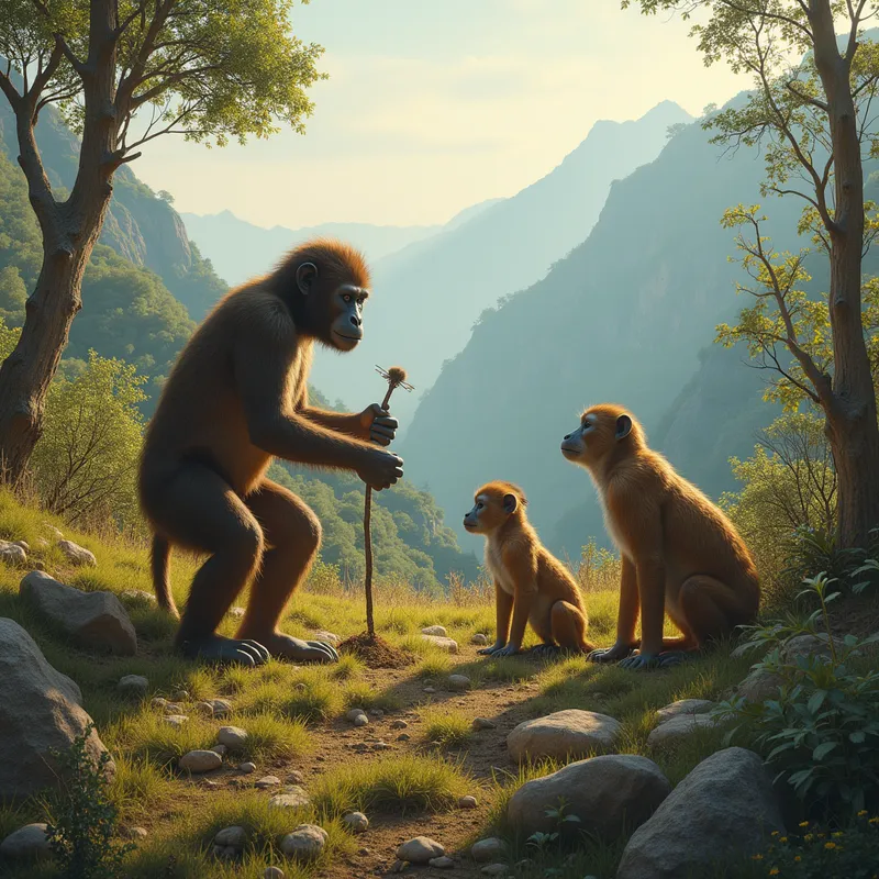 Australopithecus in Prehistoric World - A depiction of an Australopithecus in its natural habitat, set in a prehistoric landscape. The scene includes the early hominid engaged in activities such as foraging or using simple tools, surrounded by diverse flora and fauna characteristic of the Pliocene to Pleistocene epochs, with a backdrop of mountains, grassy plains, and dense forests. The lighting is natural, suggesting either a dawn or dusk setting, capturing the essence of early human life and the environment in which they lived. - AI image generated with Photorealistic 2