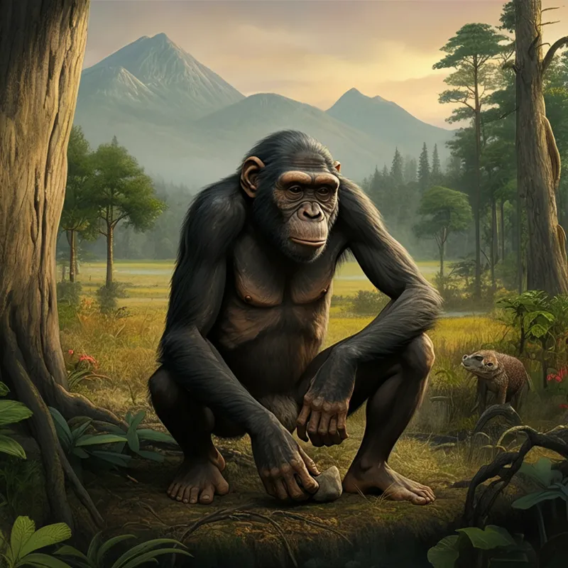 Australopithecus in Prehistoric World - A depiction of an Australopithecus in its natural habitat, set in a prehistoric landscape. The scene includes the early hominid engaged in activities such as foraging or using simple tools, surrounded by diverse flora and fauna characteristic of the Pliocene to Pleistocene epochs, with a backdrop of mountains, grassy plains, and dense forests. The lighting is natural, suggesting either a dawn or dusk setting, capturing the essence of early human life and the environment in which they lived. - AI image generated with Imagen 3