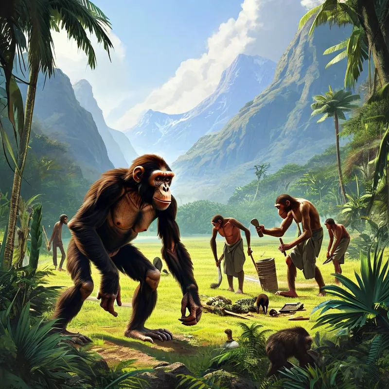 Australopithecus in Prehistoric World - A depiction of an Australopithecus in its natural habitat, set in a prehistoric landscape. The scene includes the early hominid engaged in activities such as foraging or using simple tools, surrounded by diverse flora and fauna characteristic of the Pliocene to Pleistocene epochs, with a backdrop of mountains, grassy plains, and dense forests. The lighting is natural, suggesting either a dawn or dusk setting, capturing the essence of early human life and the environment in which they lived. - AI image generated with Nova Canvas