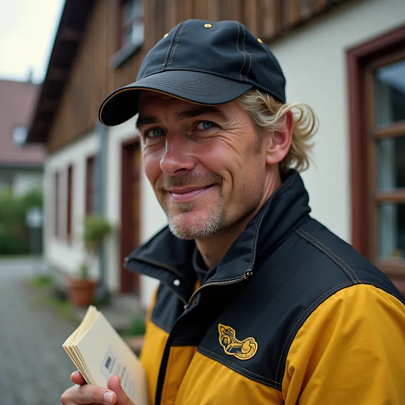 Austrian Postman Michi - Photorealistic. Portrait. Michi. 39 years old. Good-natured, kind, naive, Austrian village postman. He wears a black baseball cap and a yellow and black jacket with a post horn emblem on the jacket. He has blue eyes and dark blonde hair with white streaks and is short. In the background, there is a post office. He has letters with him. - AI image generated with Photorealistic 2