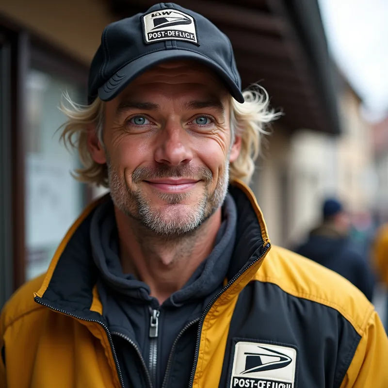 Austrian Postman Michi - Photorealistic. Portrait. Michi. 39 years old. Good-natured, kind, naive, Austrian village postman. He wears a black baseball cap and a yellow and black jacket with a post horn emblem on the jacket. He has blue eyes and dark blonde hair with white streaks and is short. In the background, there is a post office. He has letters with him. - AI image generated with Photorealistic 2