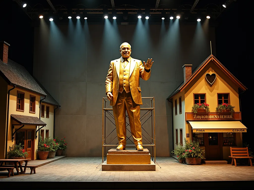 Austrian Village Theater Set - Use Case: "Realistic photo"  
Image Generation Task: "Realistic photo of a theater set, captured with a Canon EOS 5D camera. The lighting is dramatic, creating a tense atmosphere."

Stage design for the theater:
In the center: Golden statue: 
An oversized, ostentatious statue of the mayor standing in the center of the village square of an Austrian village. 
The statue is not yet fully gilded and is surrounded by scaffolding. As the piece progresses, more and more parts are added and gilded.

Behind it: A concrete wall in the background that looks like a border: 
The wall stretches across the entire back of the stage. Bare and menacing, with barbed wire and spotlights at the top. 

Left: Façade of the grocery shop:
A small, charming shop with an inviting shop window and displays of fruit, vegetables, and international specialties. 

Right: Façade of the ‘Zum Goldenen Herz’ pub:
A rustic building with flowers on the windows.
Beer benches and tables in front of the pub.
A shining golden heart hangs above the entrance to the pub. - AI image generated with Photorealistic 2