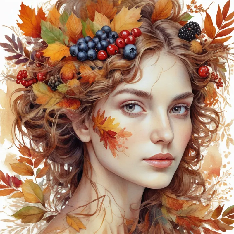 Autumn Bloom Portrait - An artsy, ultra-detailed portrait of a woman with autumn flowers and berries woven into her hair, vibrant rich colors, elegant facial features, painterly style, highly detailed textures, isolated on a pure white background. - AI image generated with Photorealistic - chalk, watercolor