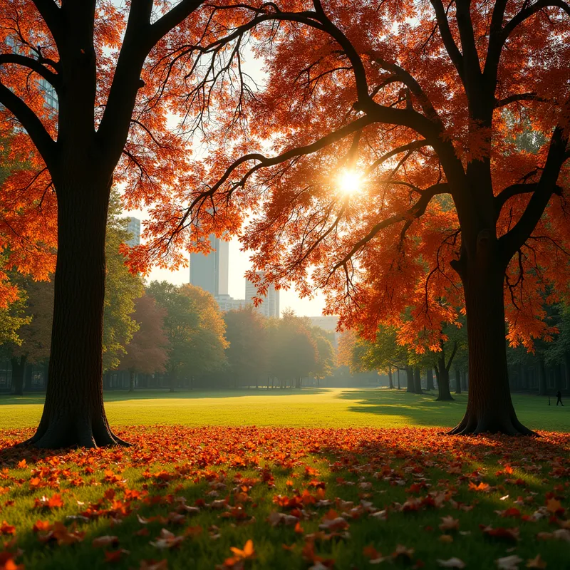 Autumn City Park Glow - A city park scene illuminated by rays of late afternoon sun, with trees displaying an explosion of fiery fall colors and vibrant leaves scattered on green grass. - AI image generated with Photorealistic 2