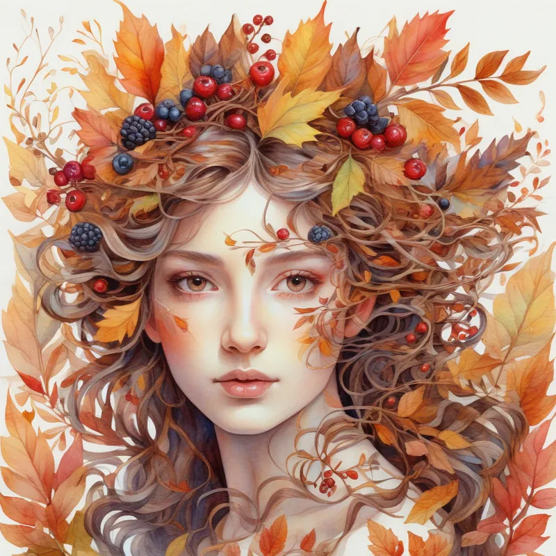 Autumn Elegance - An intricate and artsy portrait of a woman with richly detailed autumn blossoms, leaves, and berries entwined in her hair, vivid colors, soft yet dramatic lighting, isolated on a white background. - AI image generated with Photorealistic - chalk, watercolor