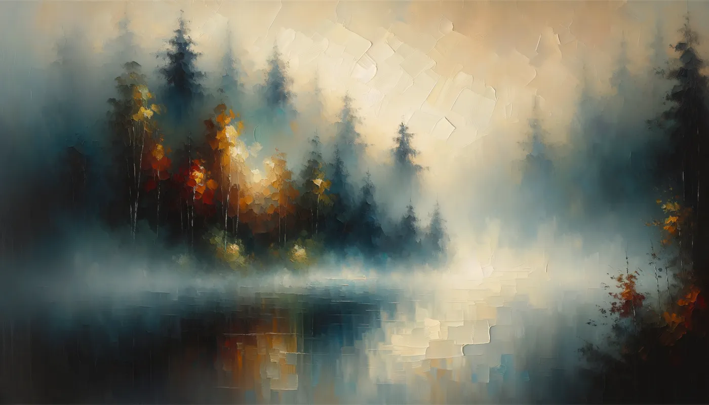 Autumn Enchantment - A calm lake enveloped in morning fog, with faint outlines of colorful autumn trees emerging from the mist, creating a mystical atmosphere. - AI image generated with Art - oil painting with palette knife
