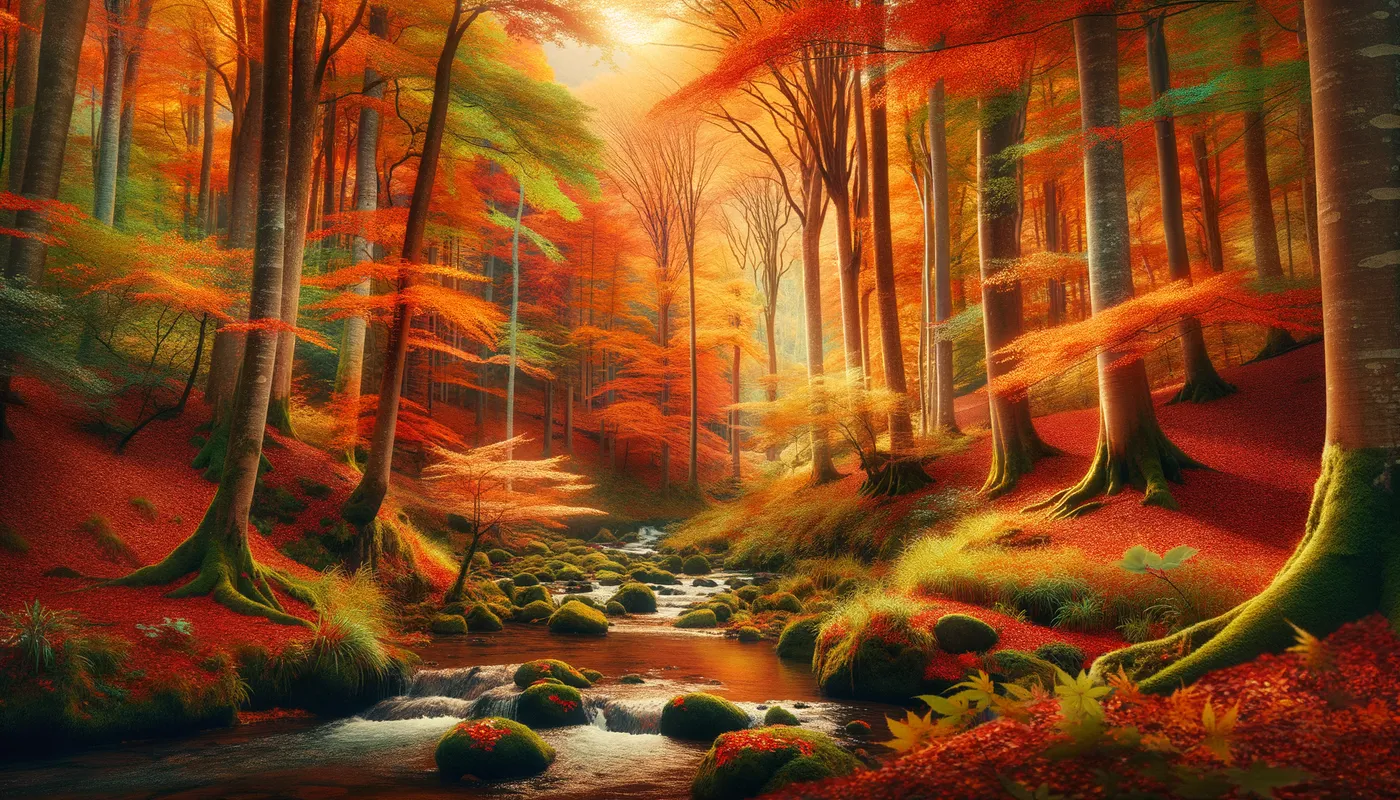 Autumn Forest Postcard Scene - A mesmerizing postcard showcasing a forest in the height of autumn. The trees are ablaze with shades of orange, red, and yellow, and a carpet of fallen leaves covers the forest floor. A gentle stream winds through the scene. - AI image generated with Art