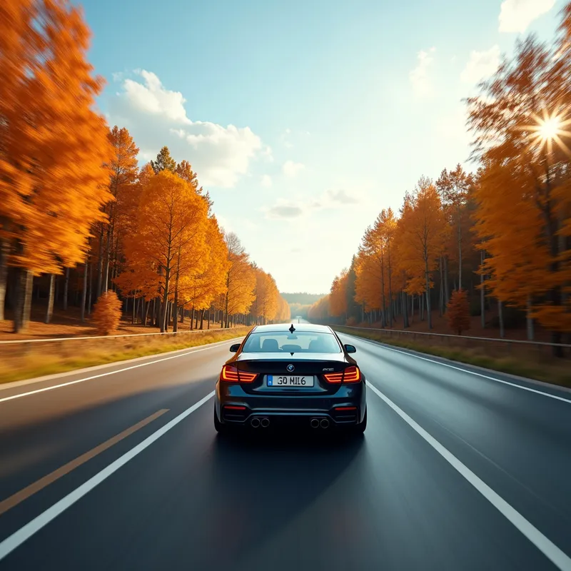 Autumn Highway Journey - A modern car speeding on an open highway, with picturesque trees displaying brilliant autumn colors lining both sides of the road. - AI image generated with Photorealistic 2