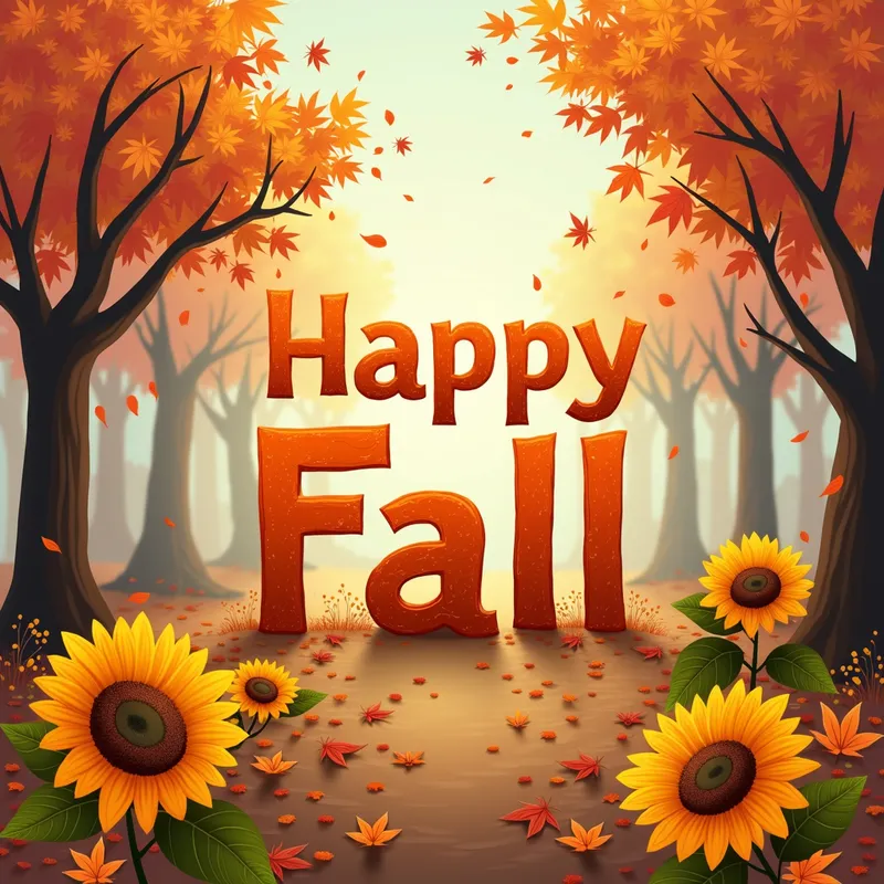 Autumn Serenity - A calm and peaceful autumn setting with a mix of warm-toned trees and falling leaves. 'Happy Fall!' is written at the top, creatively formed by fall leaves and bright sunflowers. - AI image generated with Photorealistic 2