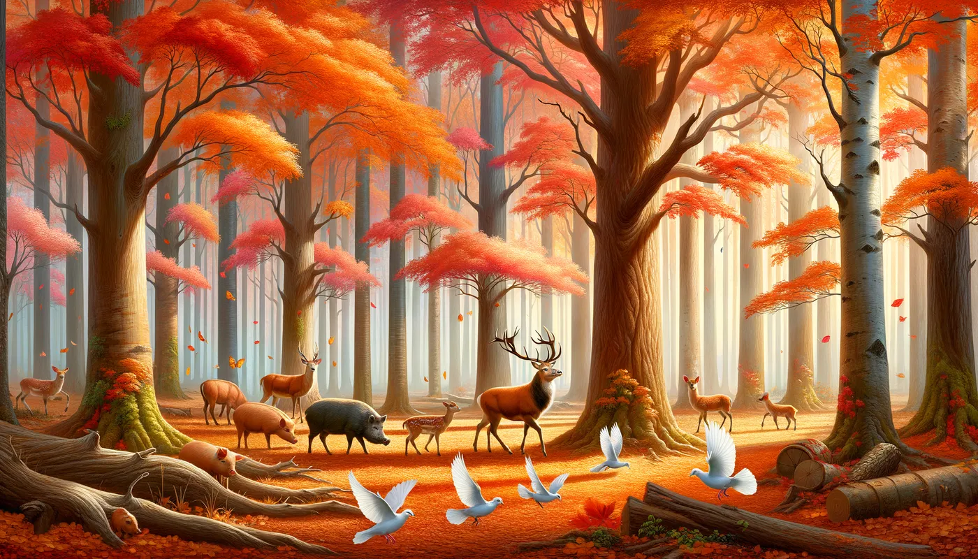 Autumn Wildlife Harmony - An autumnal forest with vibrant orange and red leaves. Deer wander gracefully among the trees, with pigs foraging nearby. Doves perch on branches and flutter through the air, adding a touch of peace to the scene. - AI image generated with Art